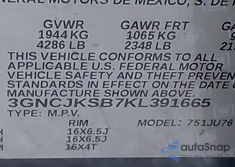 2019 Chevrolet Trax Ls из США, поврежденный, VIN 3GNCJKSB7KL391665